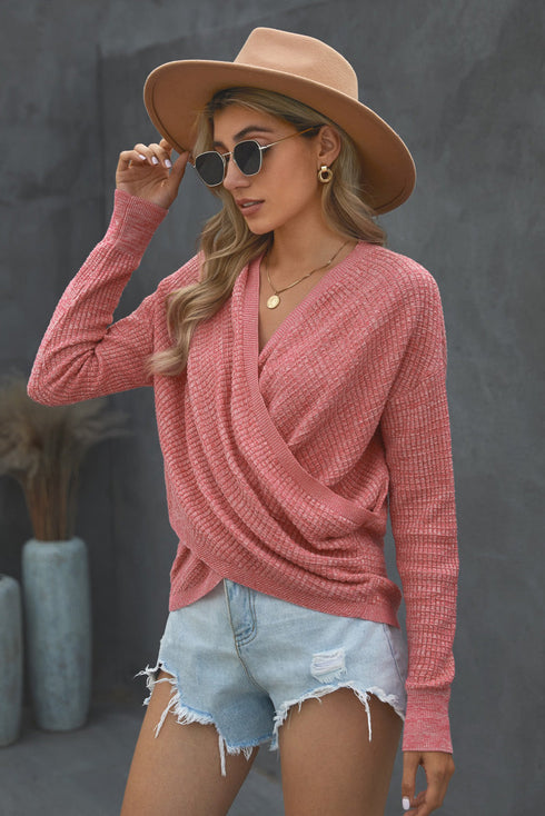 Wrap V Neck Waffle Sweater